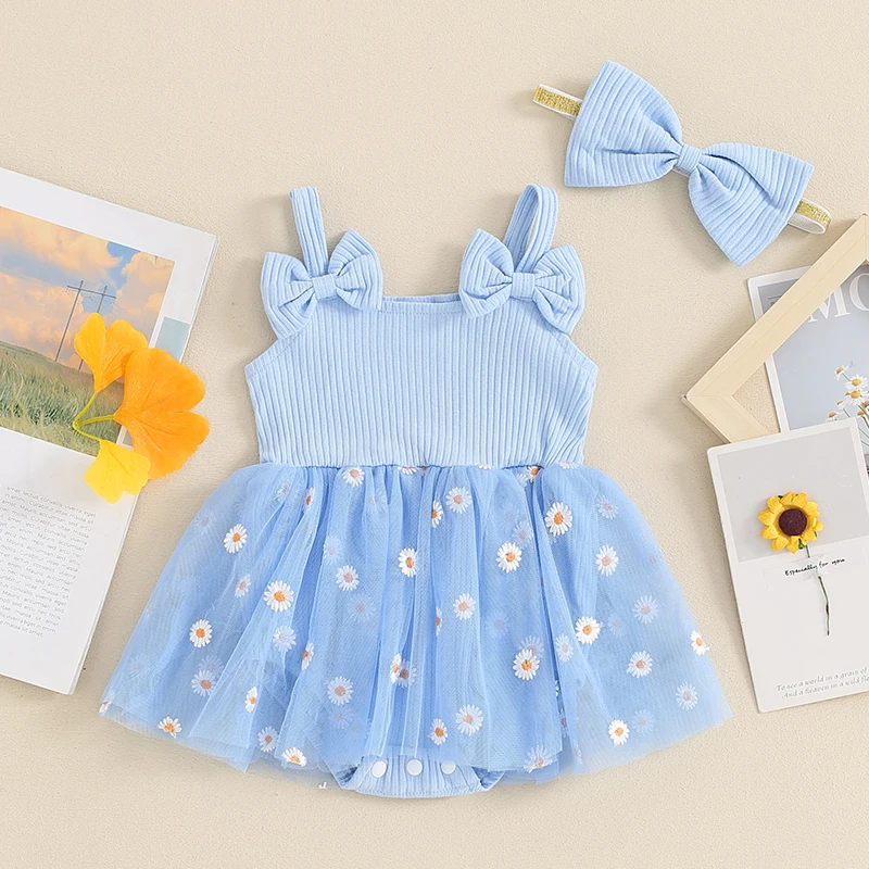 Newborn Baby Girl Outfit Dasiy Print Tulle Romper Dress Ribbed Sleeveless Bodysuit with Bow Headband Summer Clothes