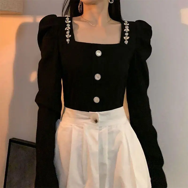 French Women's Square Neck Long Sleeved Shirt Autumn New Style Temperament Girl Bubble Sleeves Waist Cinched Tops Comfortabl