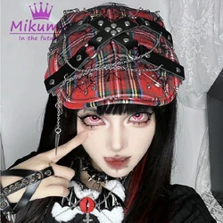 Mikumn Harajuku Gothic Spider Web Lace Red Plaid Beret Hats Women Y2k Grunge Punk PU Rivet Chain Rock Chic Streetwear Caps