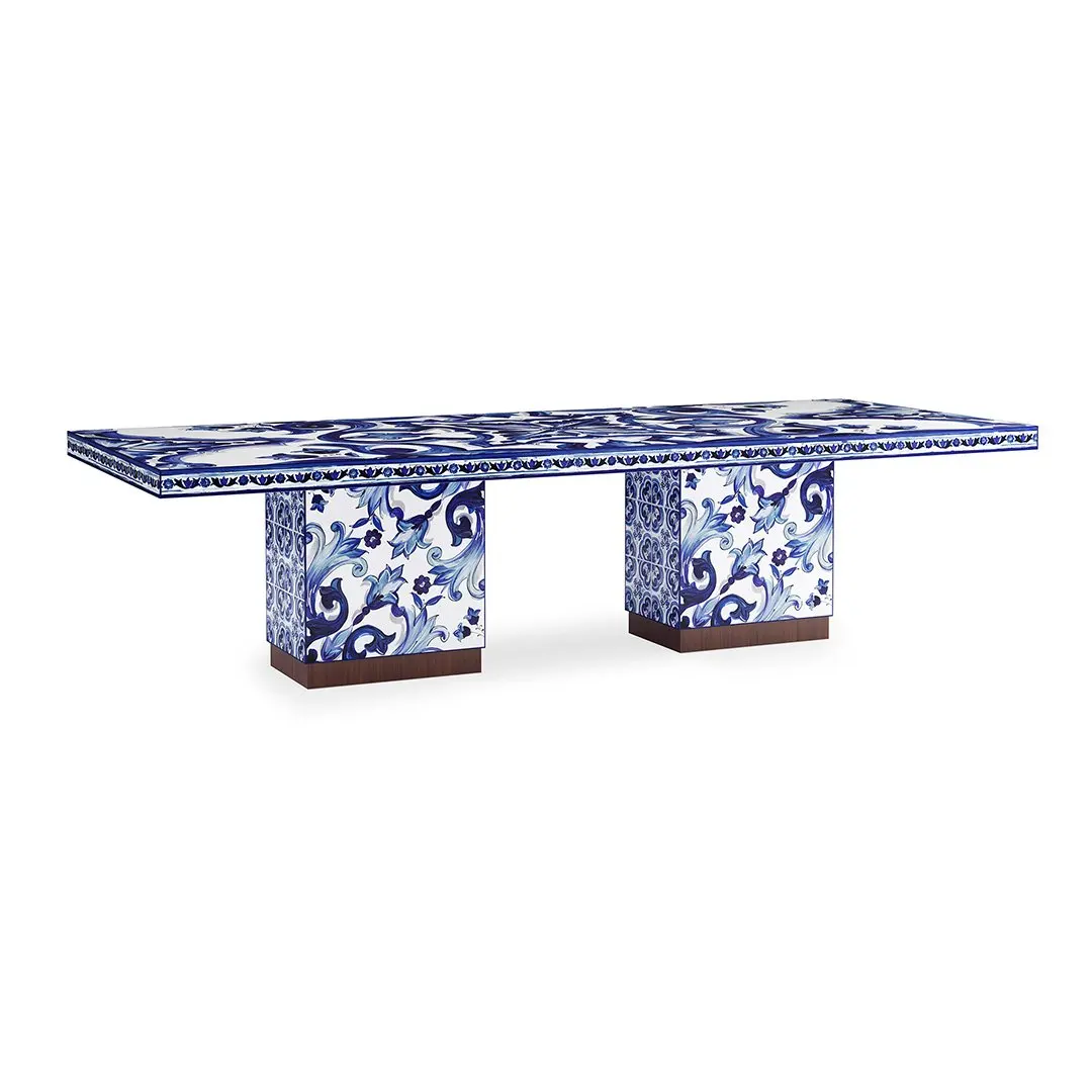 Custom High-End Luxury Dining Table Set Modern White Porcelain Blue with New Chinese National Feature Pattern for Villa Home Use