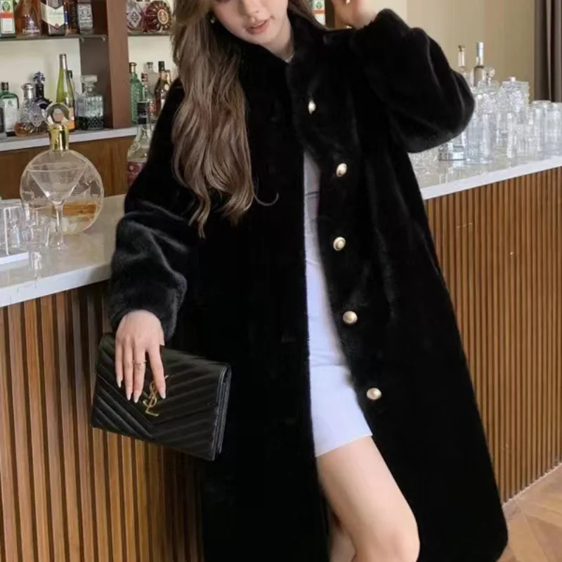 Autumn and winter long stand collar small fragrant wind cardigan fur trench coat commute wear with mink grass