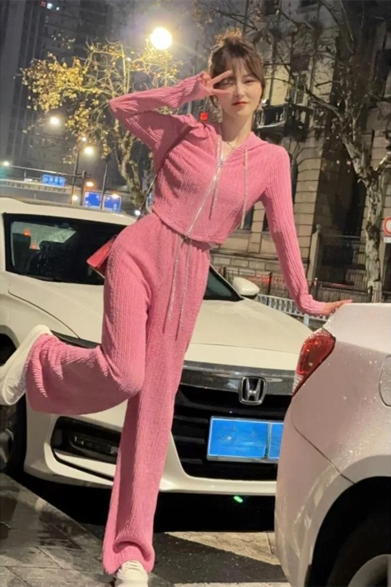 

2026 Spring Summer New Fashion Women Hooded Slim Fit Short Top Wide Leg Pants Slimming Two Piece Set