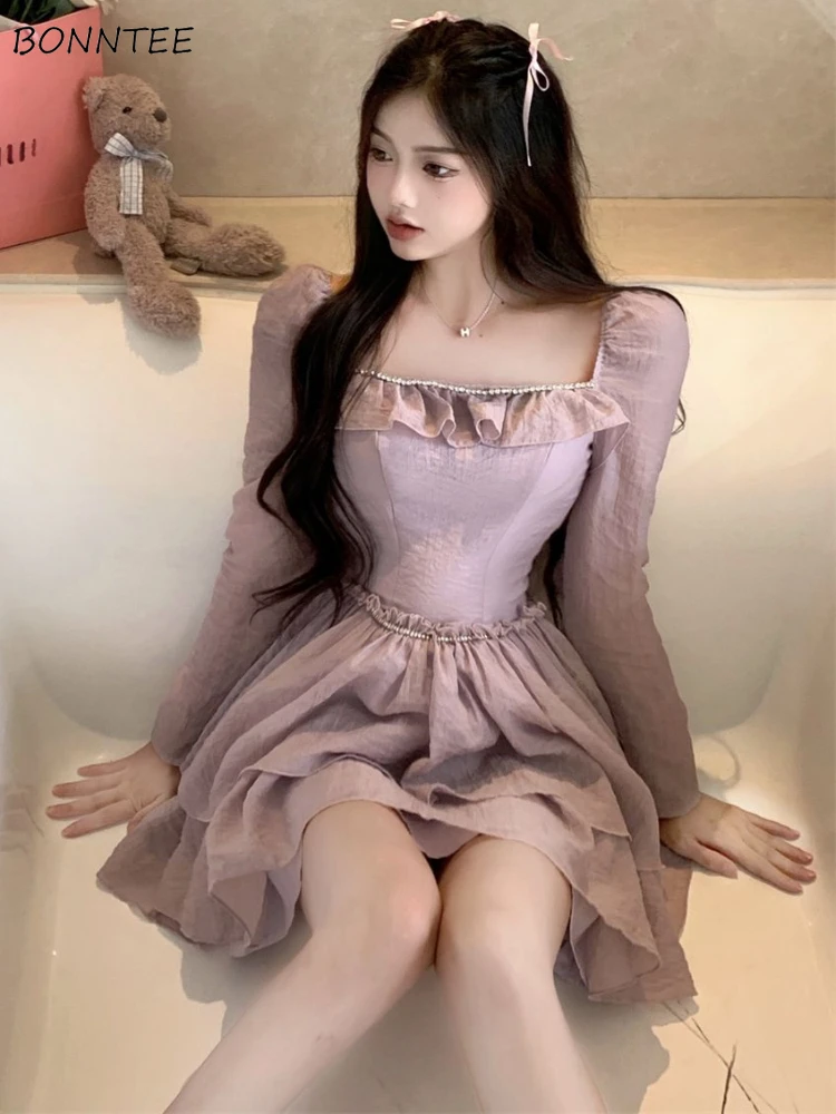 Mini abito da donna con volant design a vita alta dolce ragazza tenera abito da ballo morbido moda coreana manica lunga versatile nuovo abbigliamento da festa