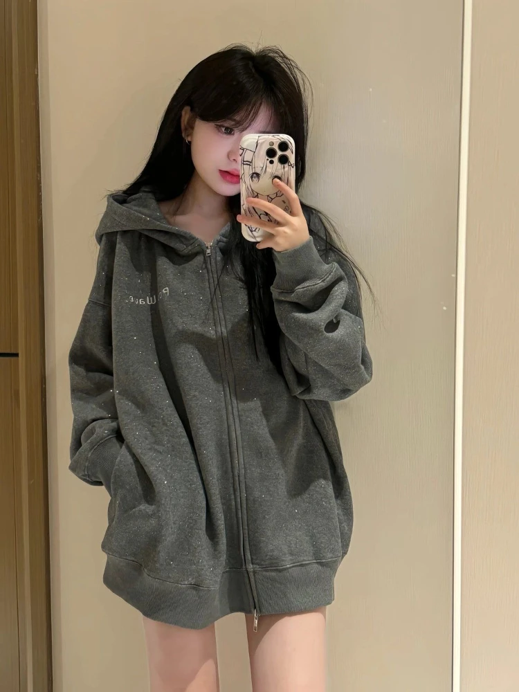 Full Zip Up Women's Hoodies Sweatshirts Sequins Dropshiping Sport Y2k Vintage Long Sleeve Novelty 100% Cotton Female Hooded Top