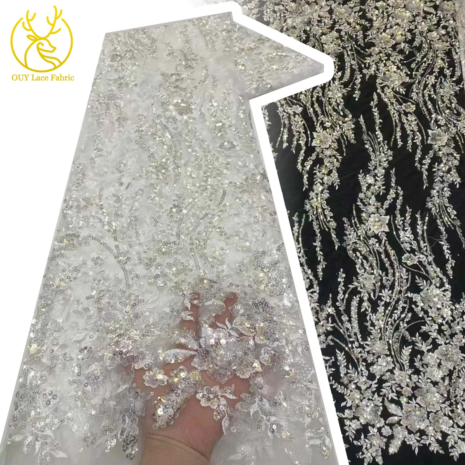 

White French 3D Sequin Embroidered Lace Fabric African Beaded Tulle Lace Fabric 2025 High Quality Nigeria Bridal Wedding Dresses