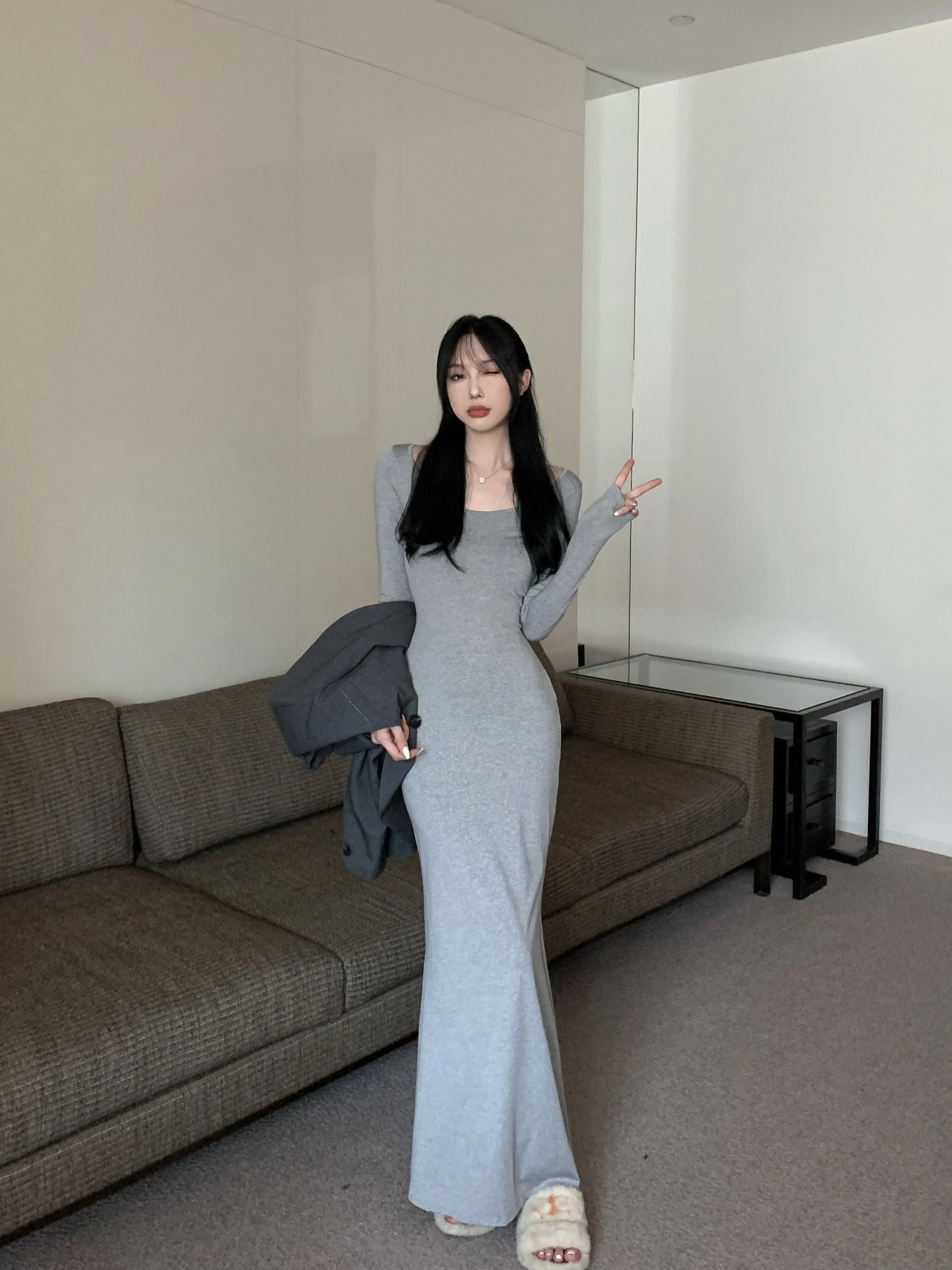 Kleider Langarm-Damenkleid für Damen, Hochzeit, Party, Herbst, Tweed, Marineblau, einreihig, tailliert, normale Passform, Elite, schlicht