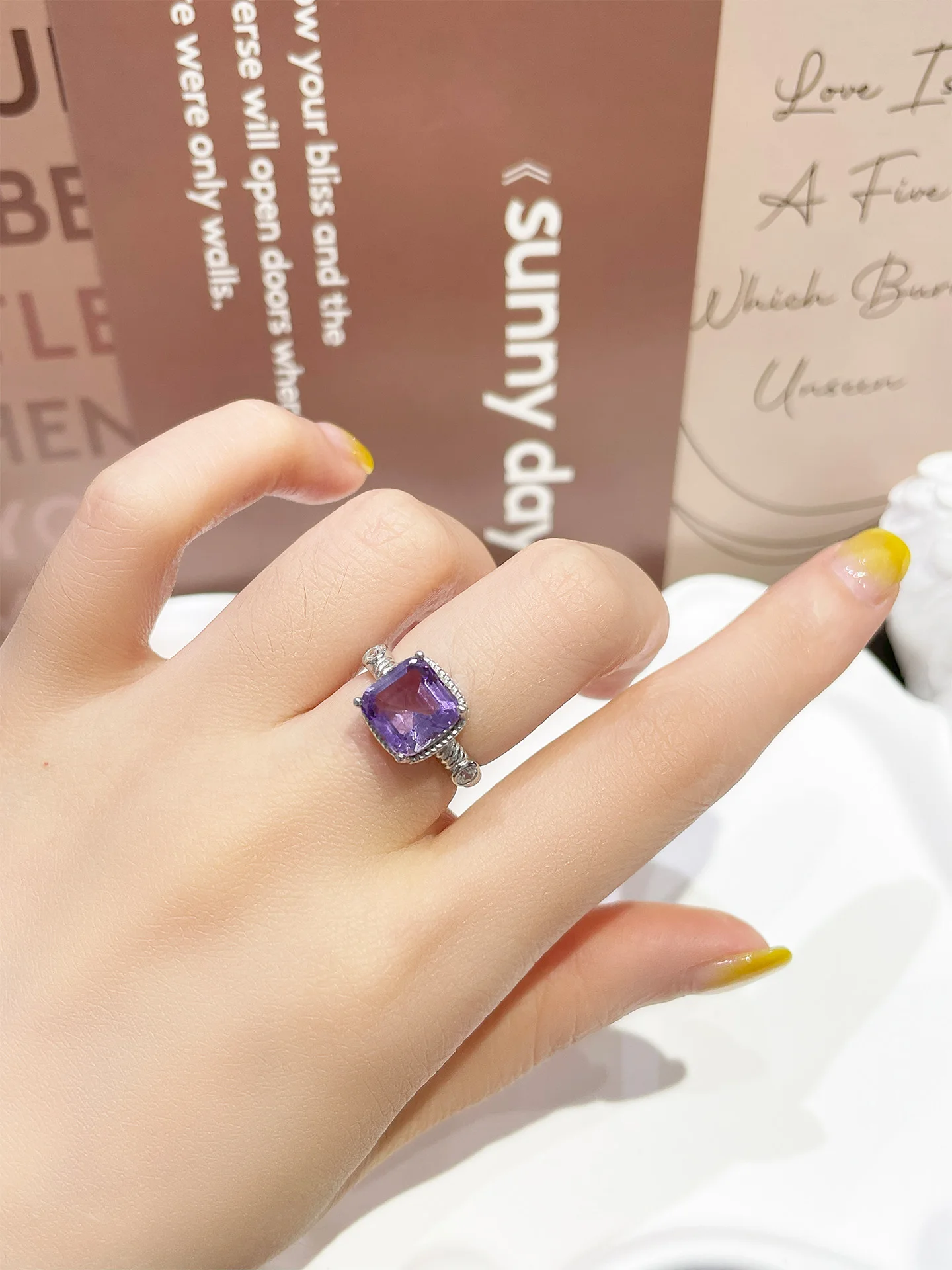 perlya-s925-silver-natural-amethyst-women's-ring-geometric-square-simple-adjustable-open-ring-fashion-jewelry-accessory