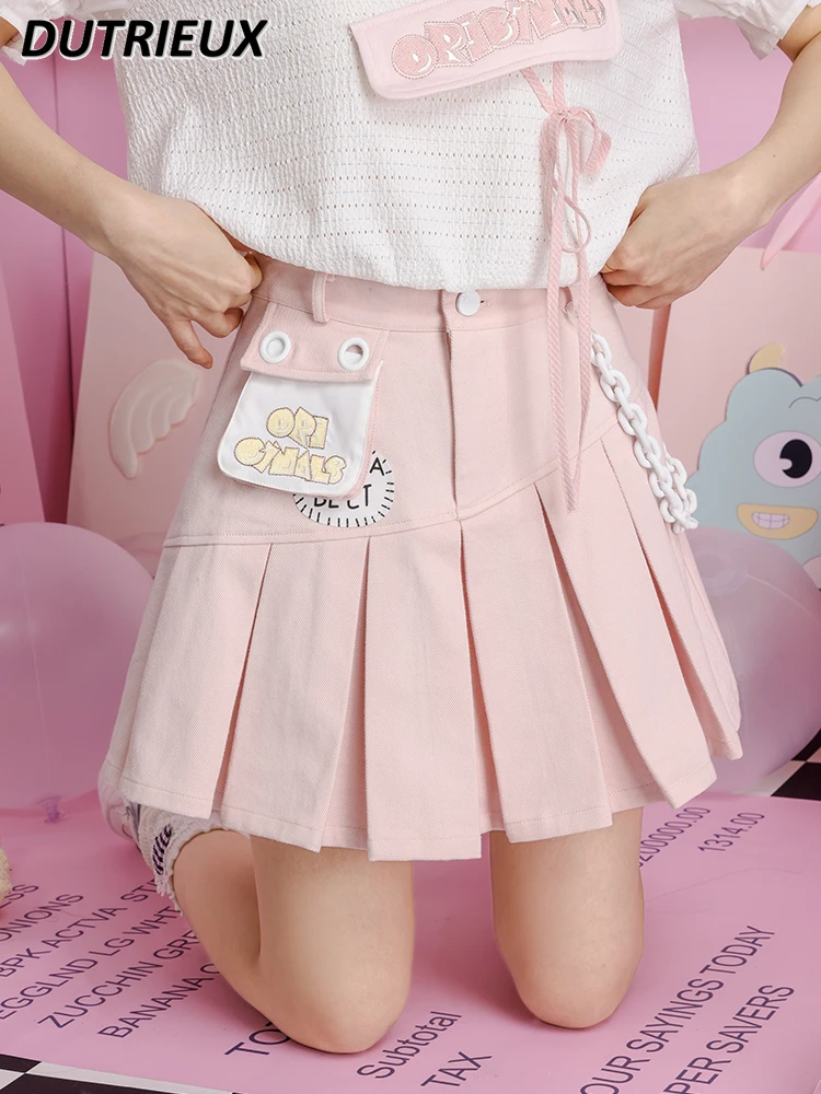 

Preppy Girly Embroidered Letter Pocket Chain Asymmetric Pleated Short Skirt Summer Sweet Cute Girls Wild Denim A-line Skirts