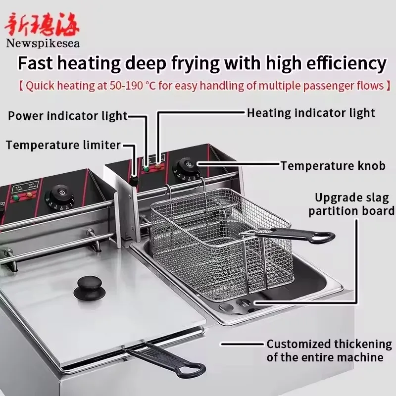 مقلاة زيت مزدوجة كهربائية تجارية، مقلاة عميقة بدرجة حرارة ثابتة لبطاطس مقلية للدجاج، ستانلس ستيل