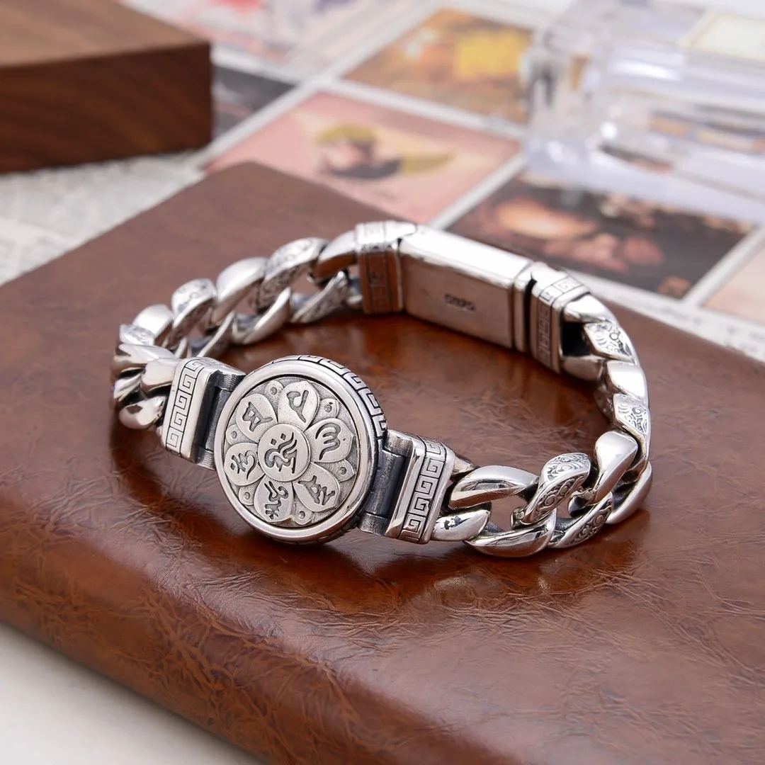 

S925 sterling silver men's domineering personalized six words mantra rotating Thai silver retro Vajra silver chain bracelet