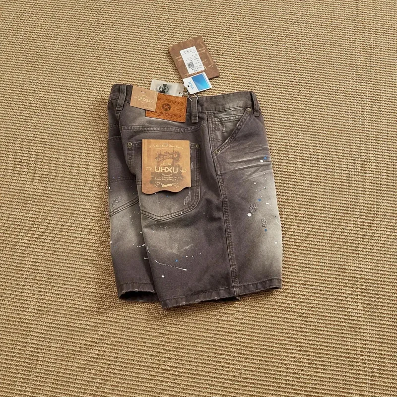 Men's Cargo Denim Pants with Paint Pattern, Vintage Style Loose Work Pants, Summer Streetwear Shorts 2026 Y2K