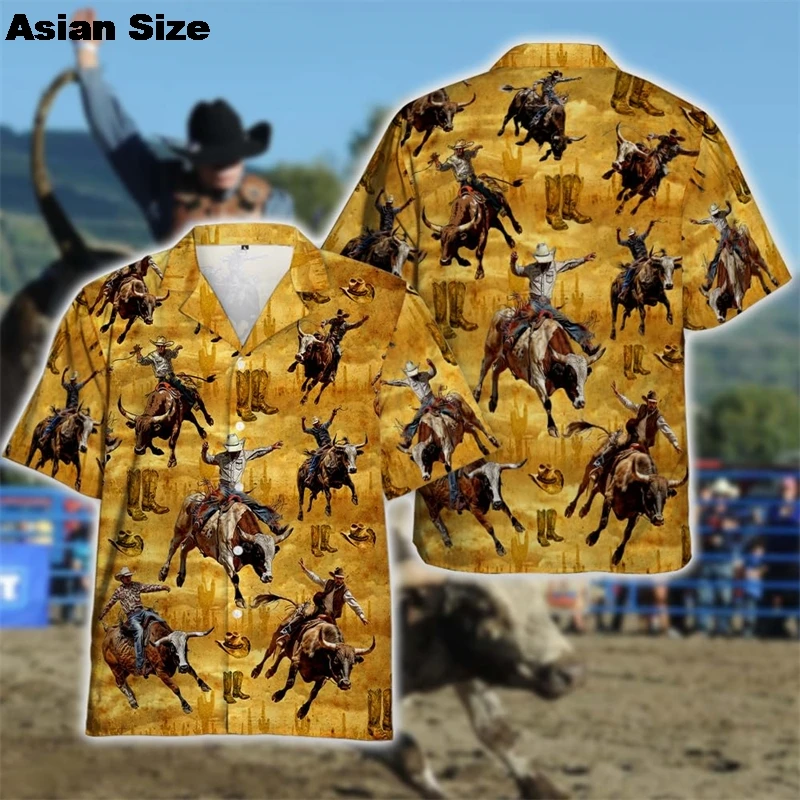 Bull Riding Sport 3D Print Shirts For Men 2025 Rodeo Contest Lapel Blouse Bullfight Club Team Beach Shirt Male Cow Streetwear