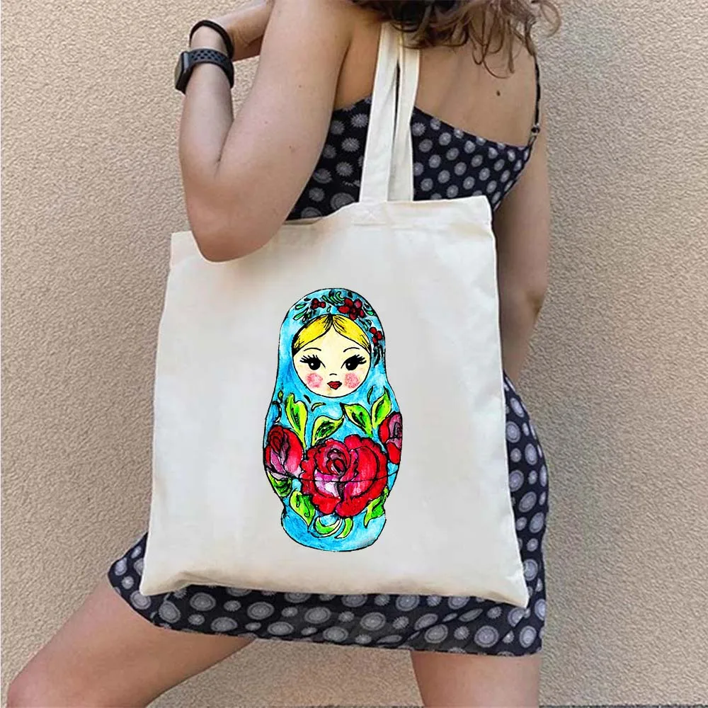 Cute Matryoshka Fabulous Russian Nesting Doll Soviet Cartoon Girl Women Canvas Shoulder Tote Bag Shopper Cotton Shopping Handbag