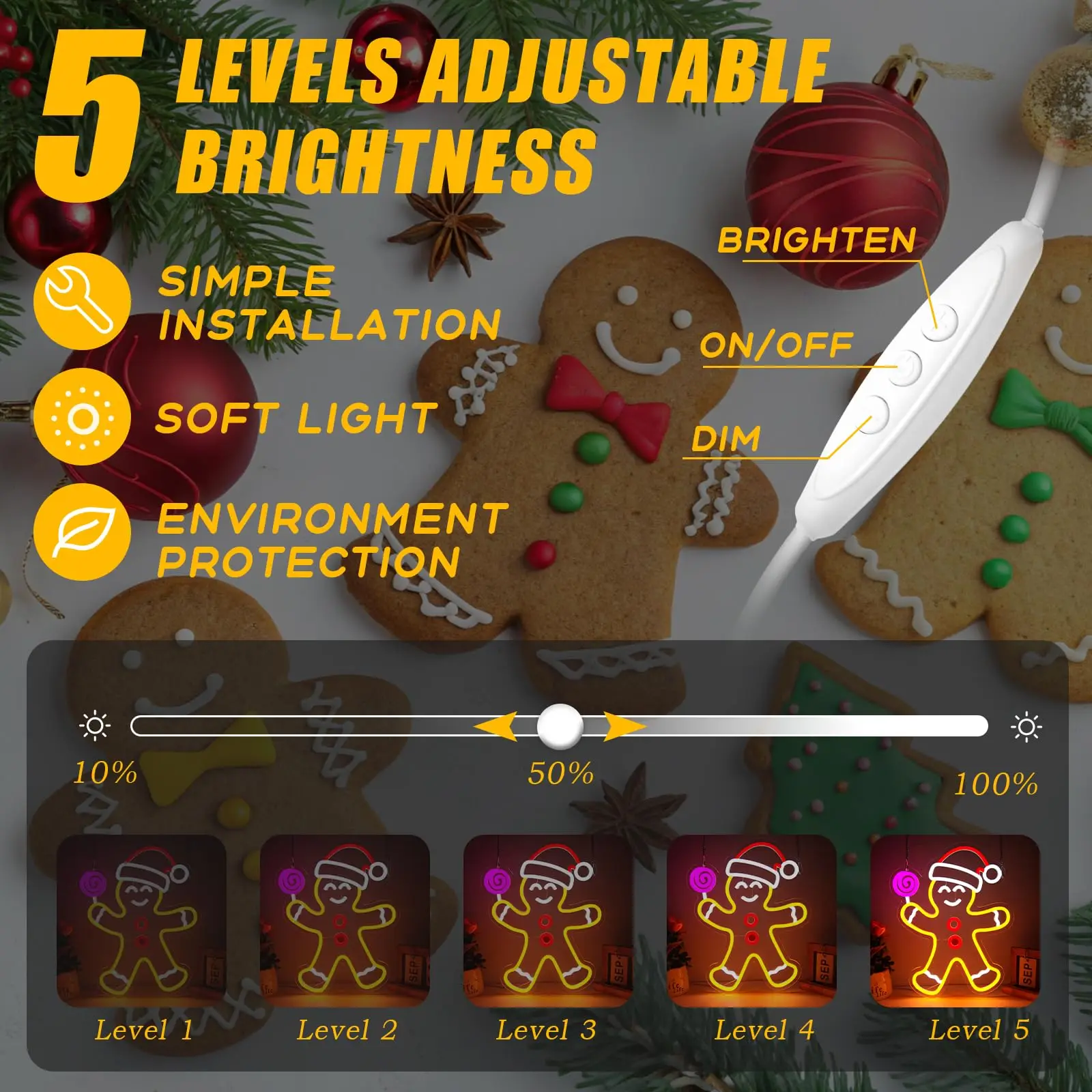 Insegna al neon Gingerbread Man per la decorazione della parete Natale dimmerabile Natale Camera da letto Soggiorno Camera dei bambini Festival Festa Regalo di Capodanno