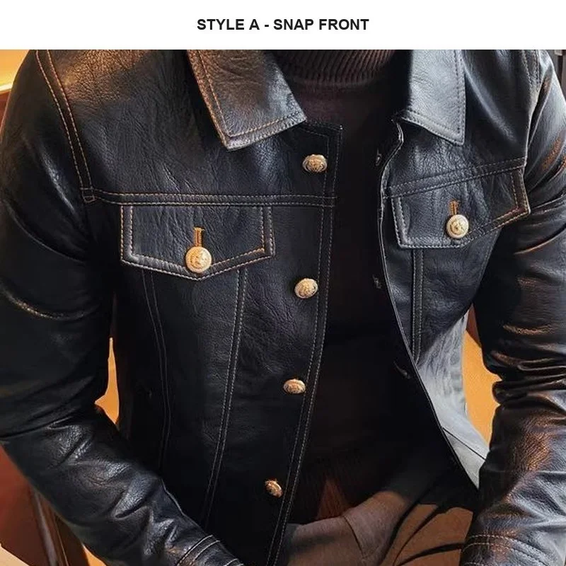Men PU Leather Biker Jacket Slim Fit Button Front Motorcycle Coat Fall Winter Streetwear Outerwear