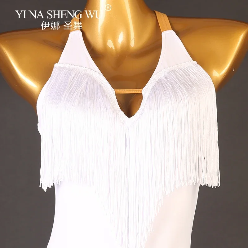 Abito da ballo sexy con frange senza schienale da donna Costume latino Cha Cha Rumba con scollo a V Nappa Abbigliamento da spettacolo Samba Tango Stage Outfit