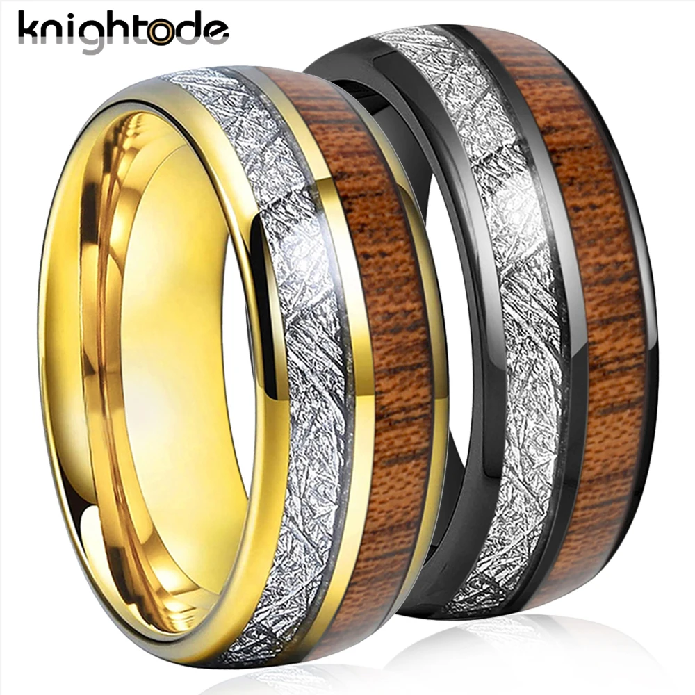 8mm Gold Color Tungsten Carbide Wedding Band White Meteorite/Koa Wood Inlay Men Women Fashion Lovers Ring Dome Polished Comfort