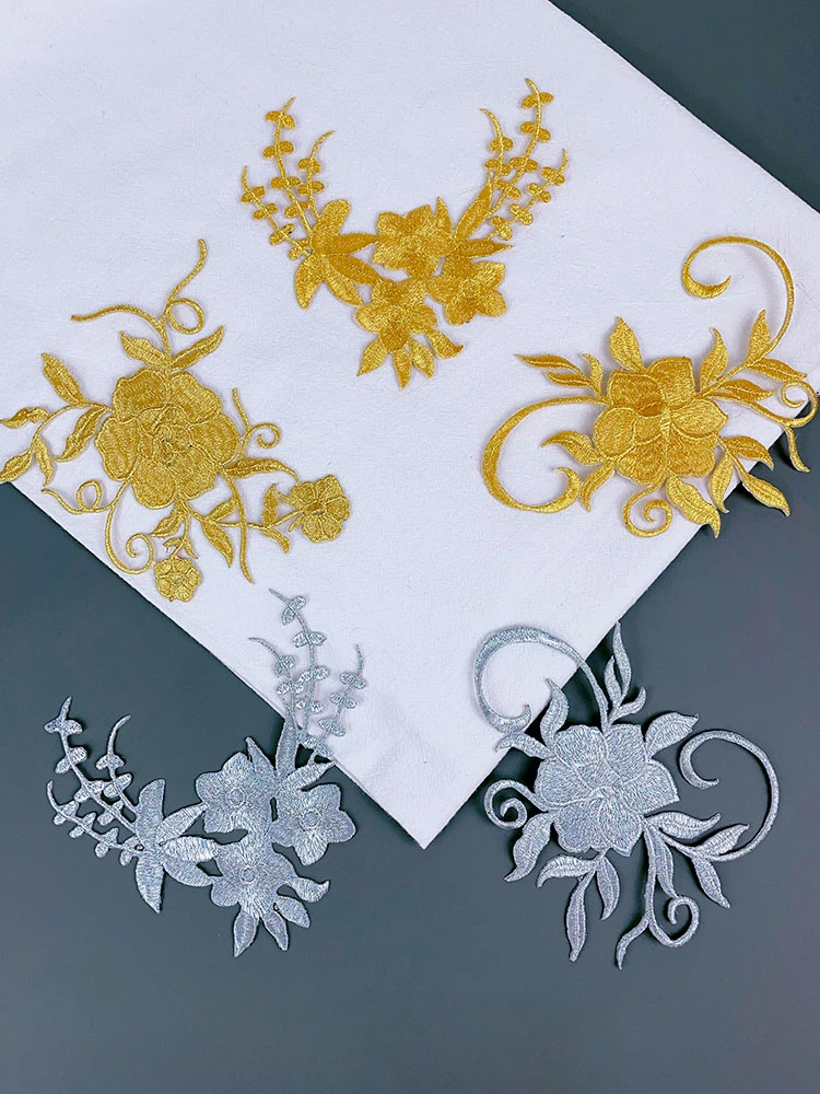 10PCS.Gold Silver Embroidery Mirror Flower Cloth Sticker Clothing Opera Xiangyun Dress Decoration Patch Appliques DIY.Ironing On