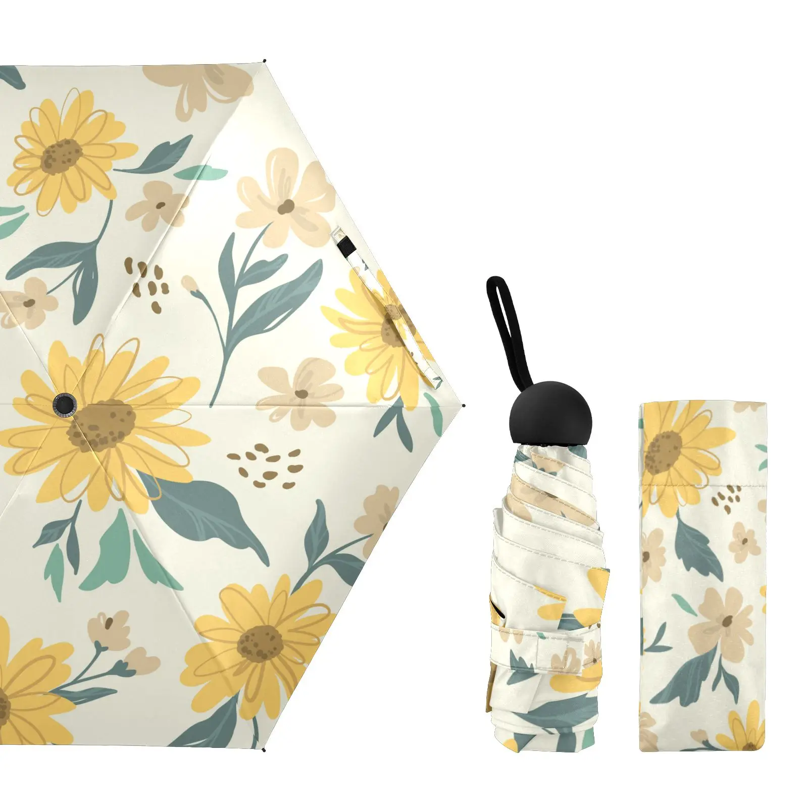 

Mini Portable Ultra Light Five Fold Umbrella Parasol Sunflower Print Women's Rain Umbrella Against The Sun Parapluie Paraguas