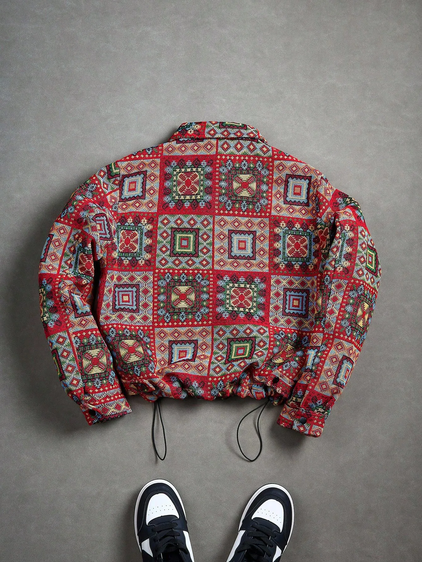 Men Geometric Jacquard Lapel Jacket, Zipper Closure With Hem Drawstring, Vintage Colorful Checker Pattern, Textured Fabric, Loose Casual Coat for Autumn Winter Daily Wear