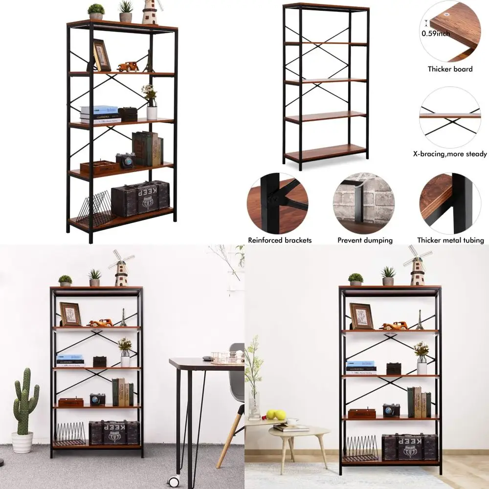 

Modern Wide Wood Metal Bookshelf, Industrial Style Open Bookcase for Storage and Display