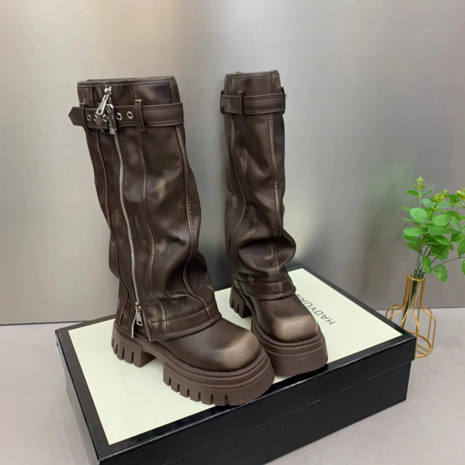 Botas de couro acima do joelho com zíper para mulheres, salto alto sexy da coxa, dedo do pé redondo, meio da panturrilha, lolita, botas de chuva, 2022