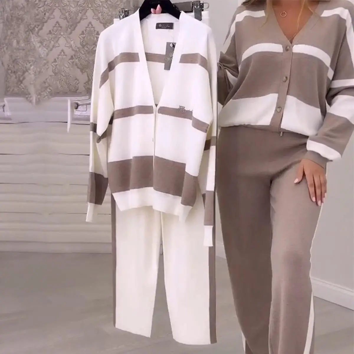Casual Retro Fashion Ladies Set Two-Piece Suit Striped Patchwork Top And Long Pants Independent Station Cross-Border Commute