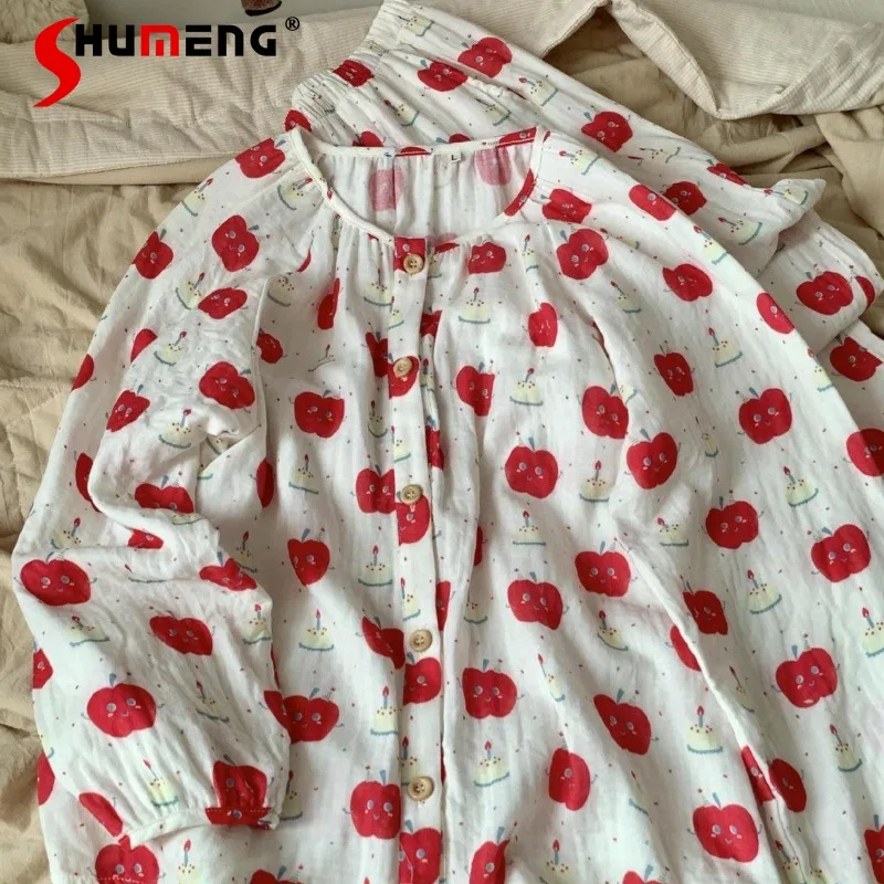 

Комплект для сна из чистого хлопка с круглым вырезом для женщин, двухслойные марлевые длинные брюки, домашняя одежда, костюмы, женский японский комплект с длинными рукавами