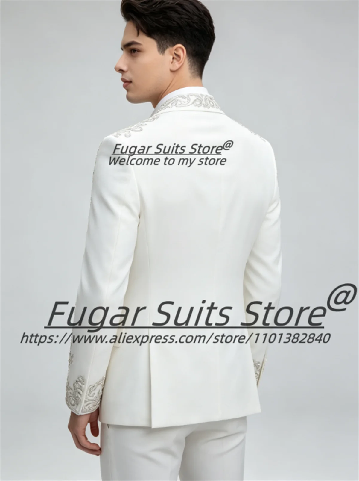 Elegant Silver Crystal Rhinestone Embroidered White Men Suits Customized Slim Fit Peak Lapel Groom Wedding Tuxedos 2 Pieces Sets view 3