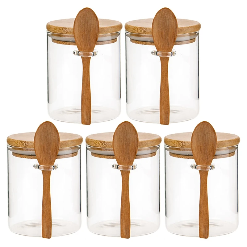 5X Glass Food Airtight Canister Castor Wooden Twist Lid Candy Storage Tank Jar Bamboo Food Container With Wooden Spoon