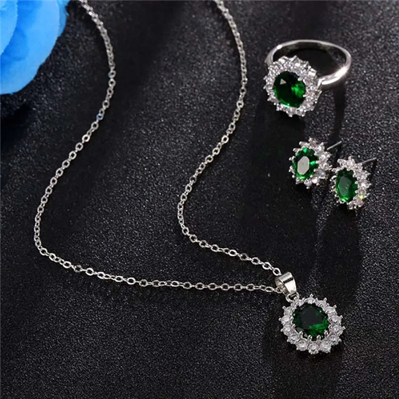 Elegant European And American Queen Sapphire Jewelry Necklace Earrings Ring Zircon Jewelry Set For Women Gift