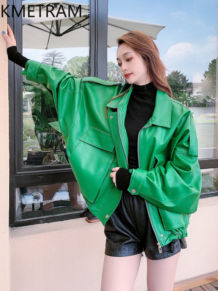 100 % obere Schicht aus Schaffelljacke für Damen, Fledermausärmel, echte Lederjacken für Damen, lose Mäntel, Herbstkleidung, 2025 Pinterбка