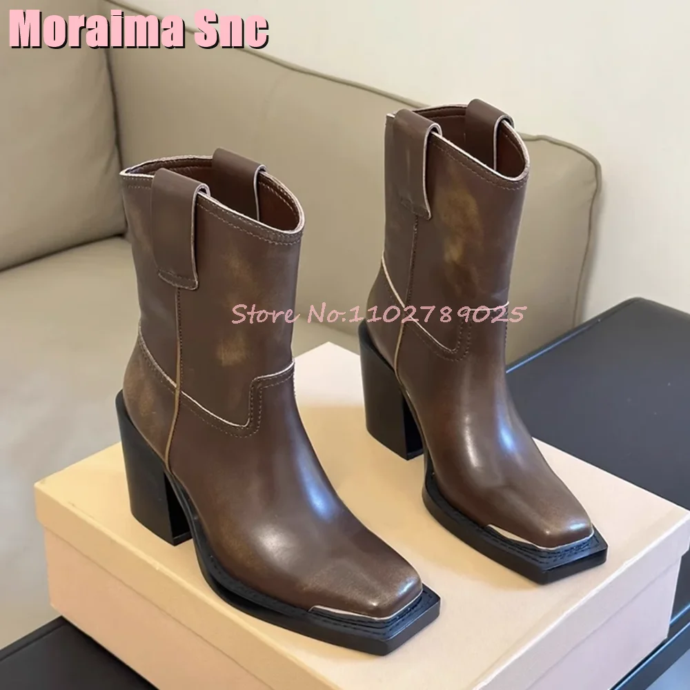 Square Metal Trim Ankle Boots Block Heeled Brown Solid Fashion Retro Style Runway Women Boots Autumn Winter Boots Slip On 2023