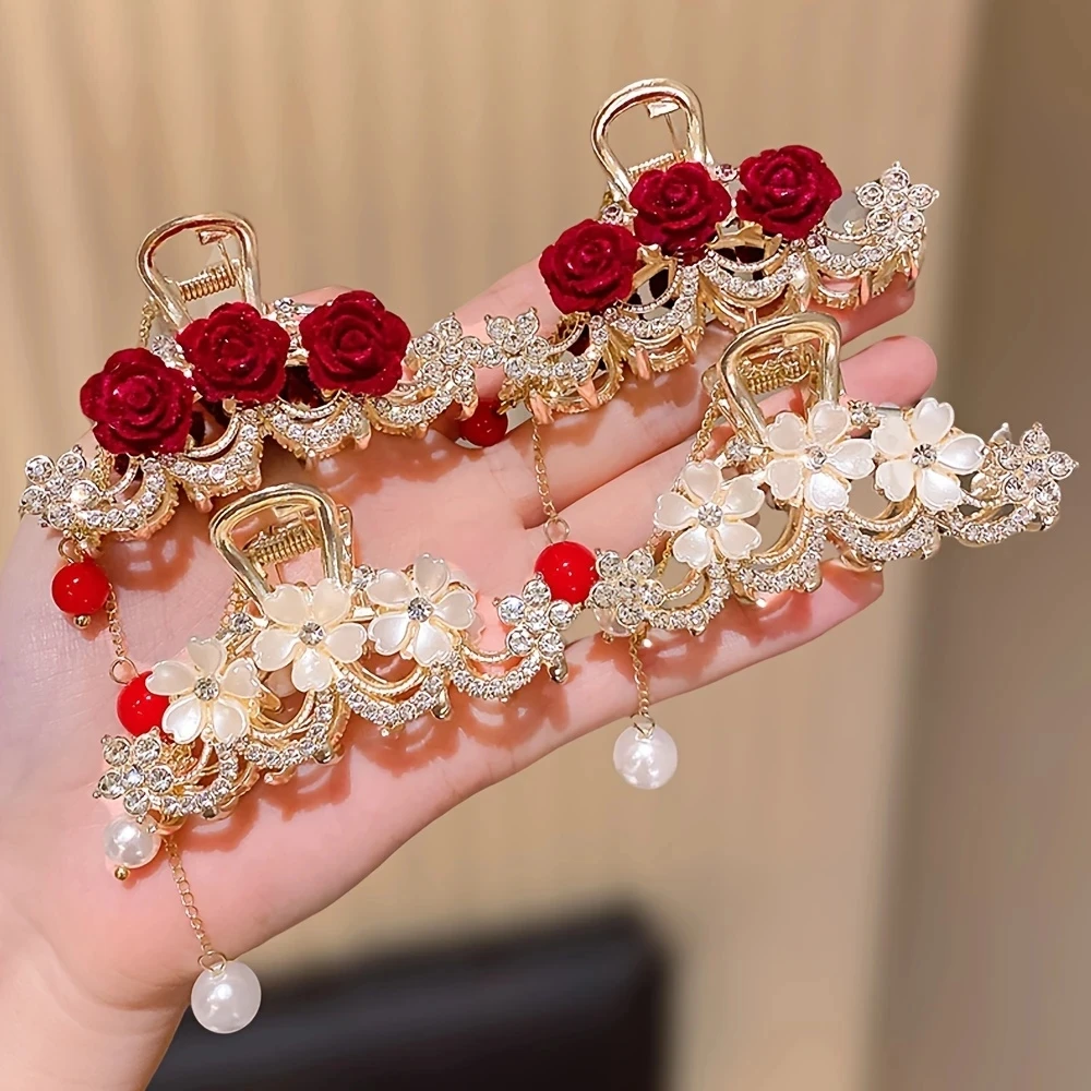 

2/4pcs Rose Fashion Crystal Flower Hair Claw Elegant Pearl Tassel Clip for Women Girls Party Ponytail Hair Accessories