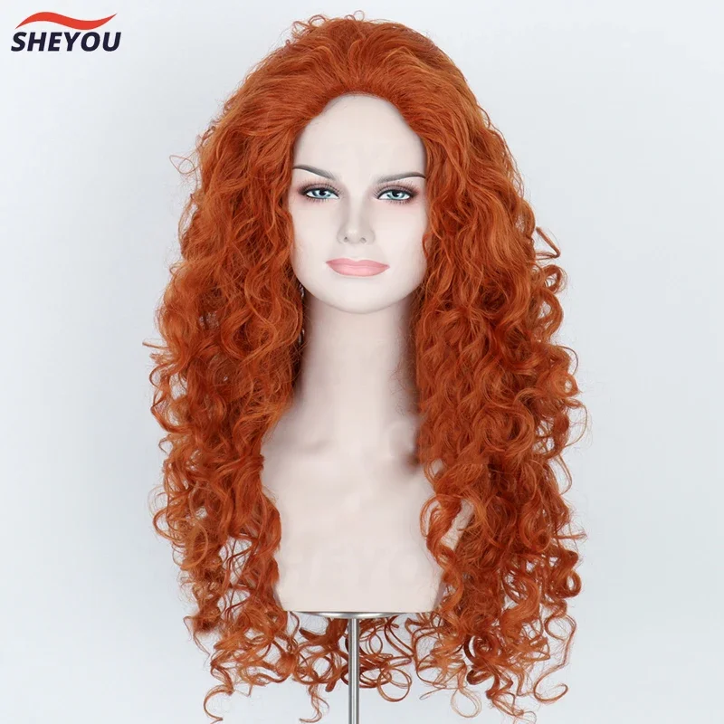 Movie Brave Princess Merida Cosplay Wigs Mei lida Orange Curly Long Heat Resistant Synthetic Hair Halloween Party Wig   Wig Cap