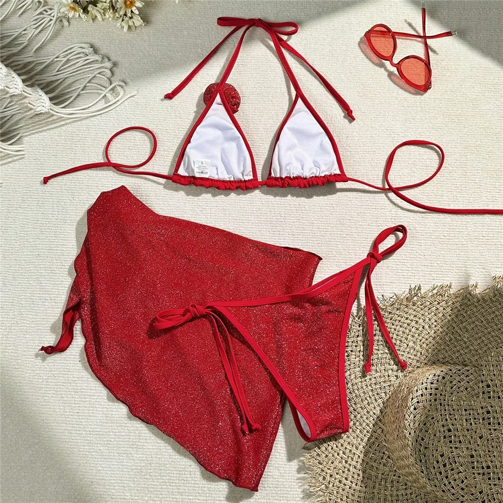 Brilhante vermelho 3d flor roupa de banho halter string triângulo 3 peça conjunto biquíni cobrir sexy maiô feminino 2025 micro tanga biquinis