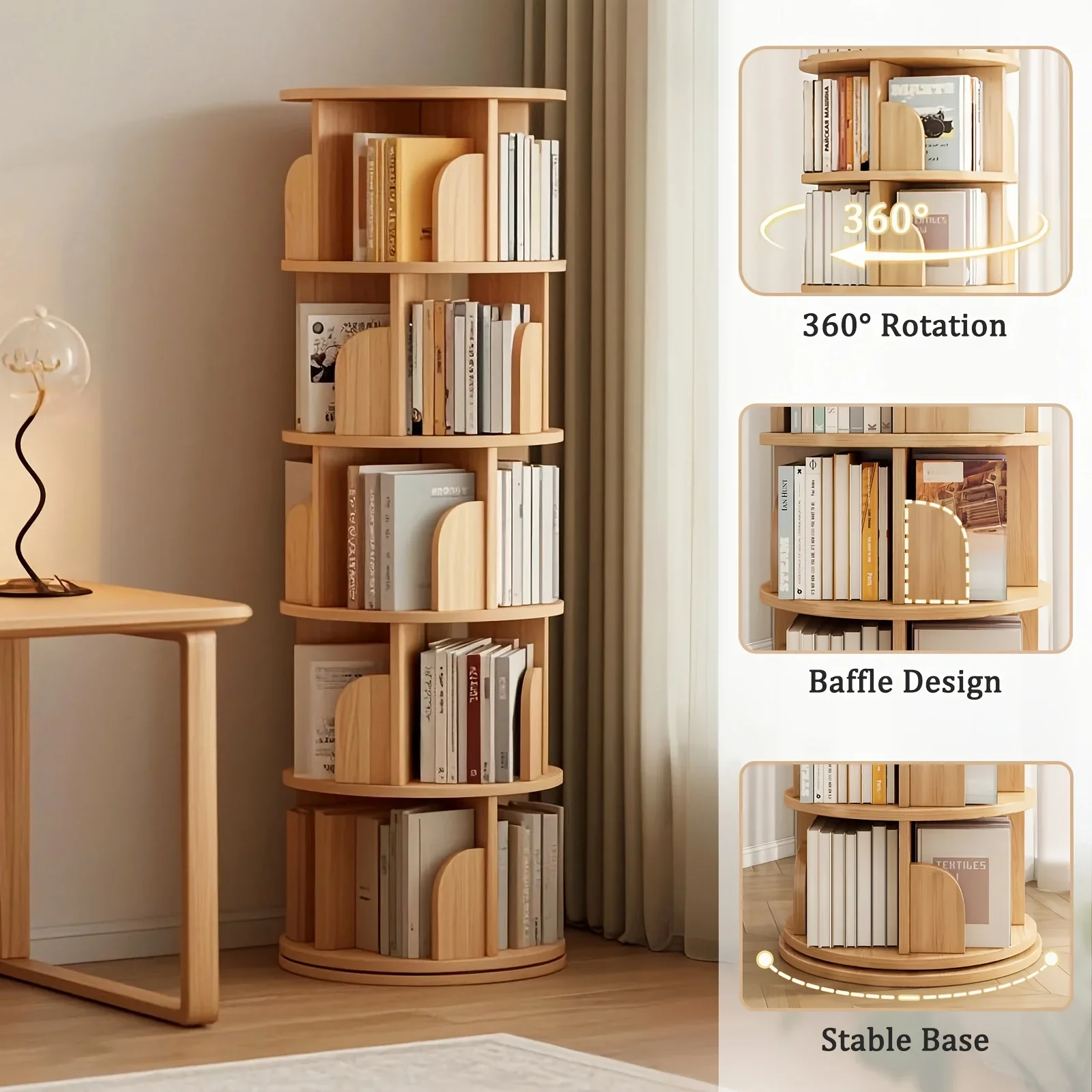 5-Tier Rotating Bookshelf, 360-Degree Display Round Spinning Bookshelf, Space-Saving, Small Space Rotating Bookshelf Tower for Bedroom, Living Room, Home, Office, Walnut