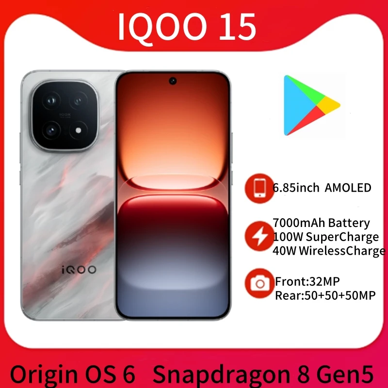 الأصلي IQOO 15 6.85 بوصة AMOLED 144 هرتز شاشة 7000 مللي أمبير بطارية 100 واط SuperCharge Origin OS6 50MP الكاميرا الرئيسية NFC متجر جوجل بلاي