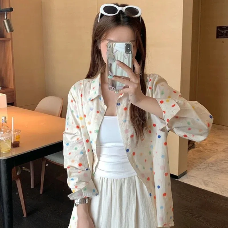 Vintage Polka Dot Printing Loose Shirt Tops Polo Neck All-match Thin Casual Blouse Fashion Korean Spring Autumn Women Clothing