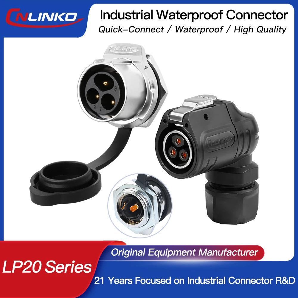 

Durable CNLINKO LP20 90° Elbow Panel Industrial Connector Waterproof IP68 20mm Diameter for LED Lighting Machinery Wiring System