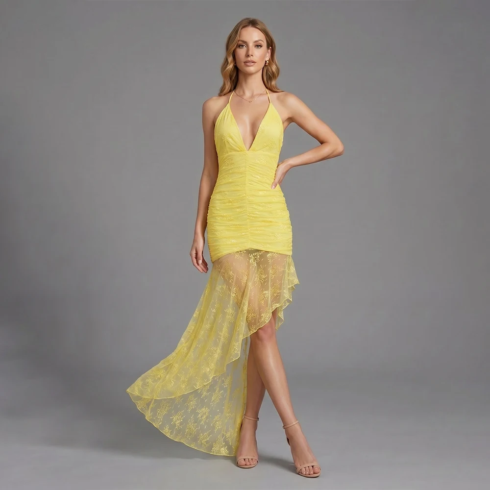 Fashionable Sexy Ruched Asymmetrical Dress Women Retro Lace Halter Bodycon Dresses Elegant Luxurious Evening Party Club Gown