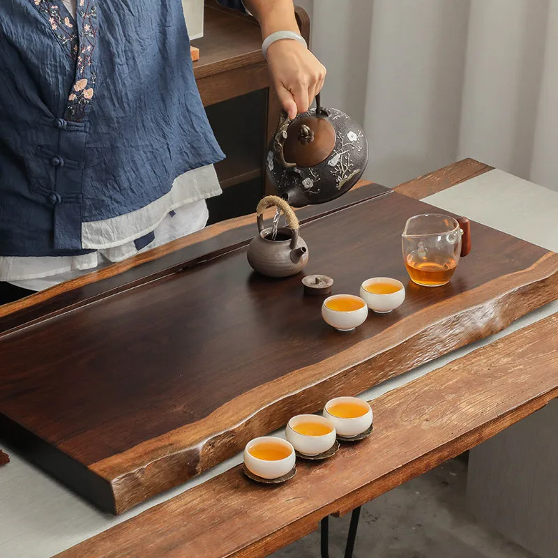シンプルなログティートレイ 家庭用 黒檀無垢材テーブル 天然木の縁 カンフーセット 水切り付き