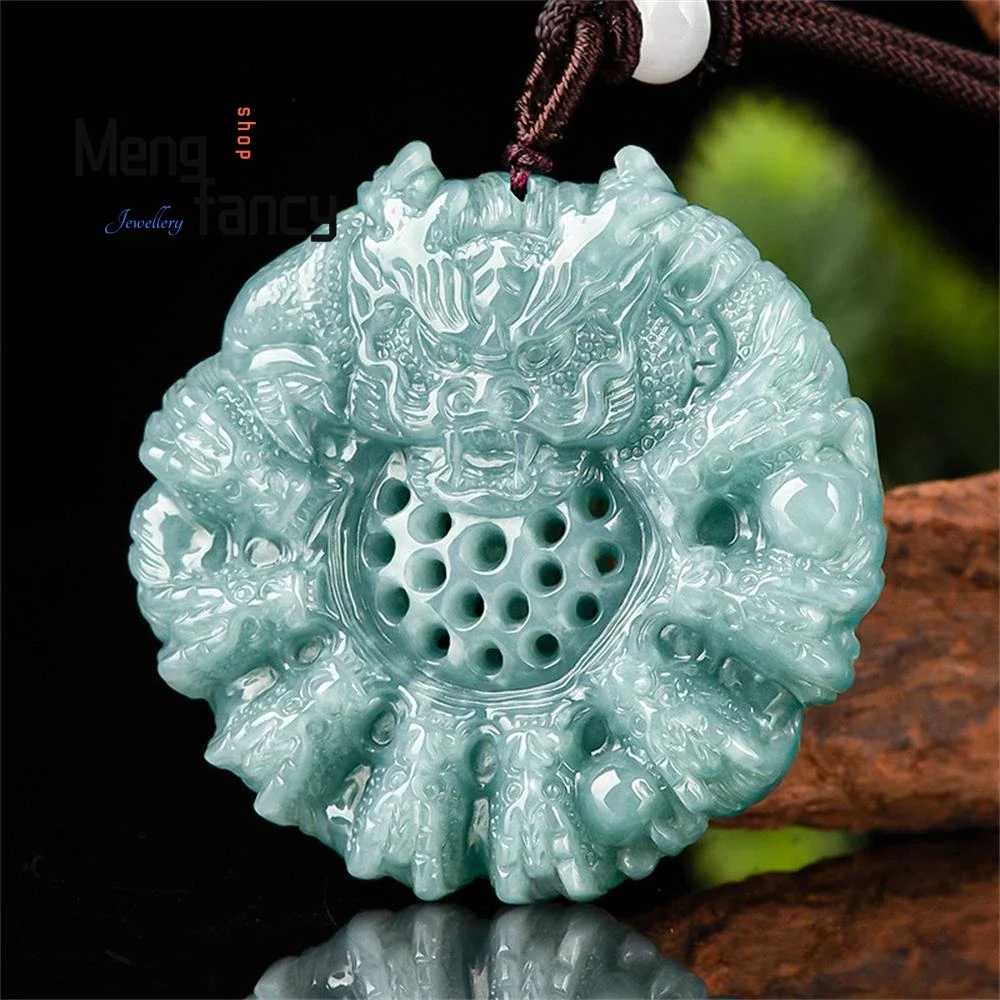 

Natural A-goods Jadeite Blue Water Three-dimensional Zodiac Nine Dragons Play Beads Jade Pendant Exquisite Fashion Fine Jewelry