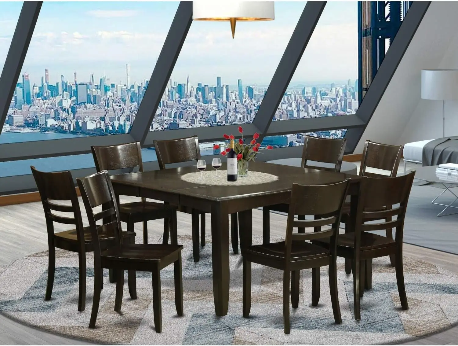 9 Piece Dining Table Set Includes a Square Dining Room Table with Butterfly Leaf and 8 Wood Seat Chairs, 54x54 Inch, Cappuccino