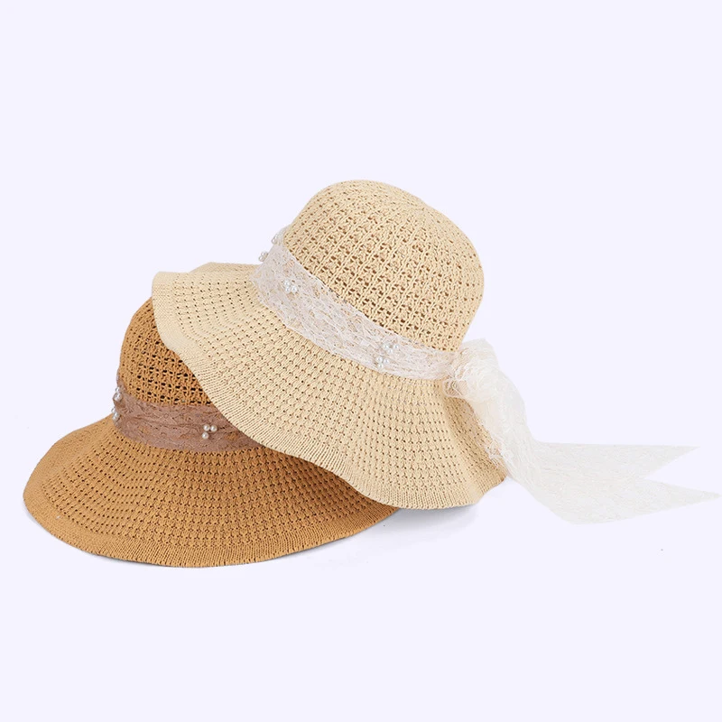 

Sun Hat Women's Summer Stylish Sun Cap Lace Bow with Extra-Wide Brim UV Protection Beach Vacation Face-Slimming Effect Hat
