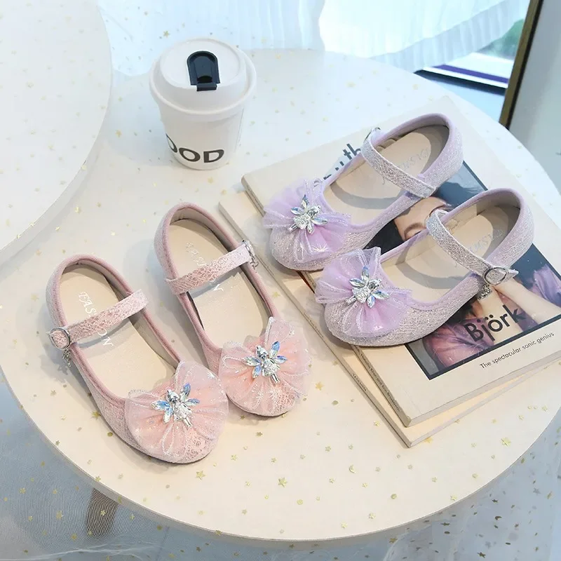 Girls Mary Jane Princess Low‑Heel Dress Shoes, Glitter Mesh Bow Square Rhinestone Decor Adjustable Strap Non‑Slip Kids Party