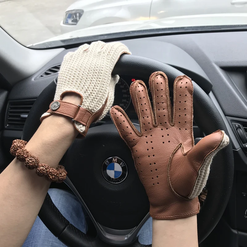 

Mens Goatskin Leather Gloves Back Knitted Gloves Lambskin NEW Unlined Non-Slip Motorcycle Driving Gloves Male Leather Mittens