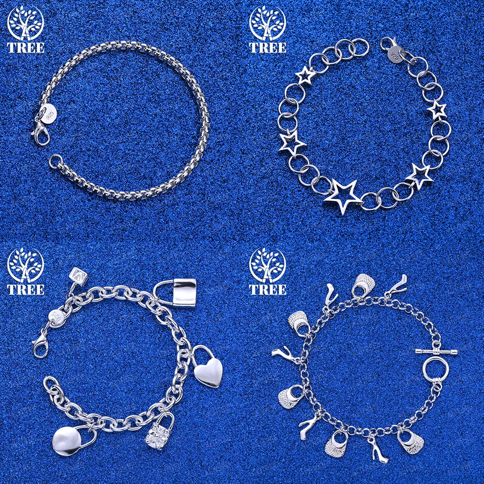

Fine Cute 925 Sterling Silver Box Chain Shoe Bag Stars Heart Lock Bracelets Ladies Gift Jewelry Wedding Party Trendy Accessories