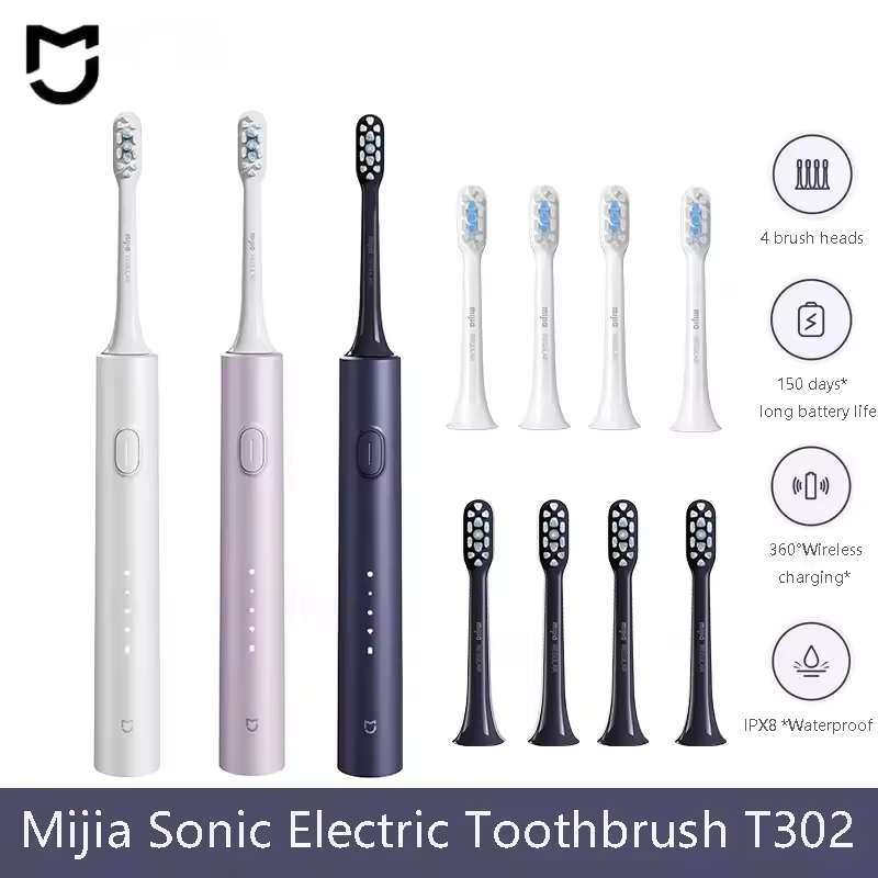 Mijia Sonic Elektrische Zahnbürste T302 3 Farben 4 Bürstenköpfe IPX8 Wasserdicht 360 ° Kabelloses Laden 4 Modi Zahnreinigung