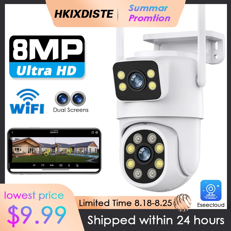 Smart Wireless 4K 8MP PTZ Dual Camera Dual Screen Auto Tracking Outdoor WIFI Security Video Surveillance Camera CCTV Eseecloud